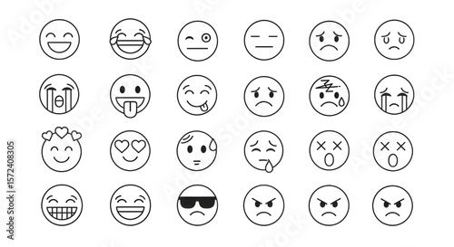 Diverse Emoji Set of Minimalist Outline Icons | Collection of Emoticons for Social Media, Communication, and Graphic Design