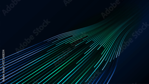 Abstract background featuring an array of glowing blue and green lines converging on a dark backdrop, technology, data flow, and speed.
