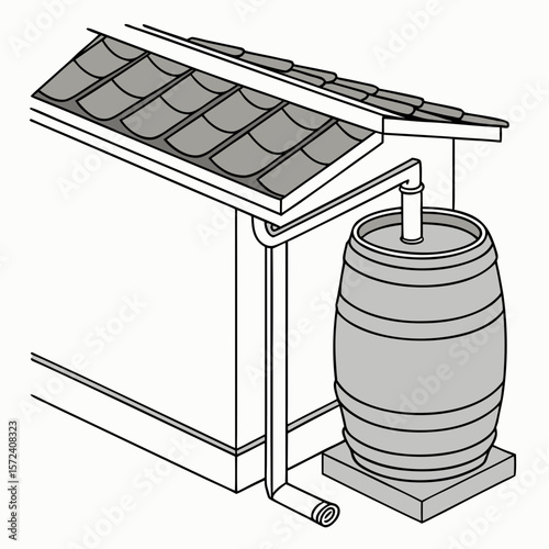 Gray barrel collecting rainwater from roof gutter rainwater harvesting