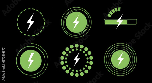 Green Battery Charging Symbols on Black Background | Mobile Power Icons for UI Design, App Development, and Energy Concepts