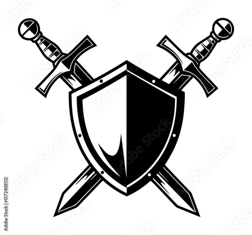 crossed swords and shield emblem vector illustration