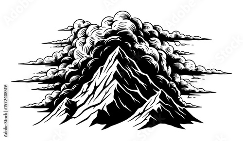dramatic mountain peak with clouds vector illustration