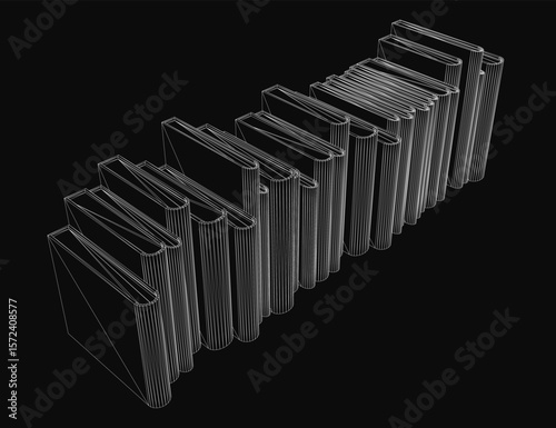 A neat stack of white books arranged with slight overlaps on a black background. The 3D model highlights clean edges and sharp details. The monochrome contrast emphasizes simplicity and elegance.