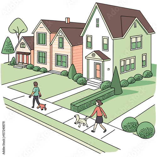 People walking dogs past houses residential neighborhood