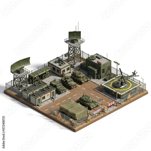 Military base complex with tanks, helicopters, and radar systems, displayed in an isometric view.