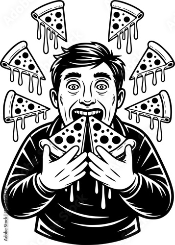 Bold linocut silhouette of a gluttonous figure devouring oversized low-poly pizza slices with cheese, ideal for food art and humorous designs
