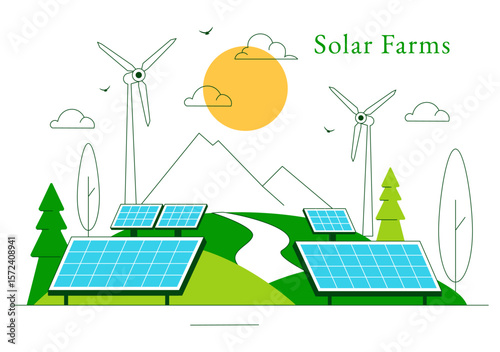 Solar Farms Vector Illustration Featuring Energy Storage Systems with Wind Power Turbines, Solar Panels, and Green Alternative Energy in a Background