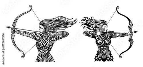 tribal female archers drawing bows vector illustration