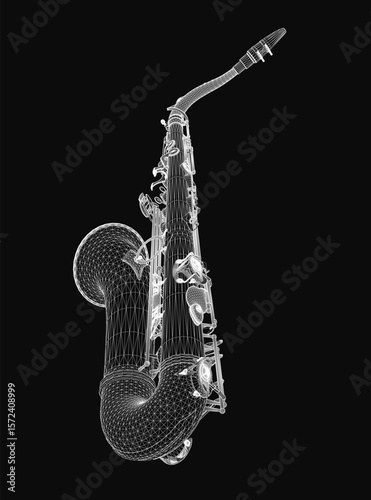 Saxophone 3D model rendered with realistic details and metallic shine, isolated on a sleek black background. The instrument features intricate keys and smooth curves for a professional presentation.
