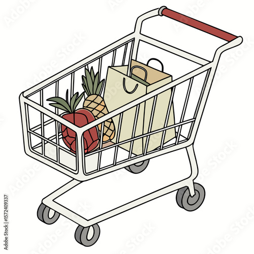Shopping cart filled with groceries and shopping bag
