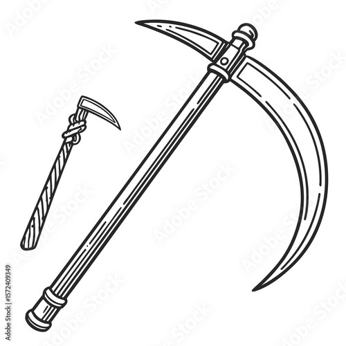 Curved blade tool and smaller sickle scythe agriculture