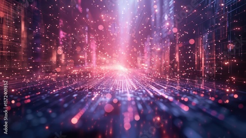 Abstract picture colorful light particle with digital technology style design connecting become dynamic of electric wave movement represent about flowing of data or structure of network system. AIG53.
