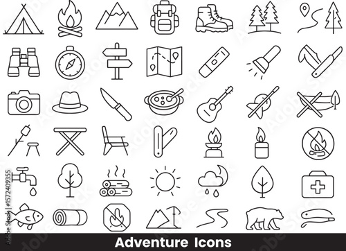 Camping, Hiking, and Outdoor Adventure Line Icon Set