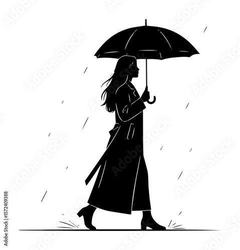 woman walking with umbrella in rain vector illustration