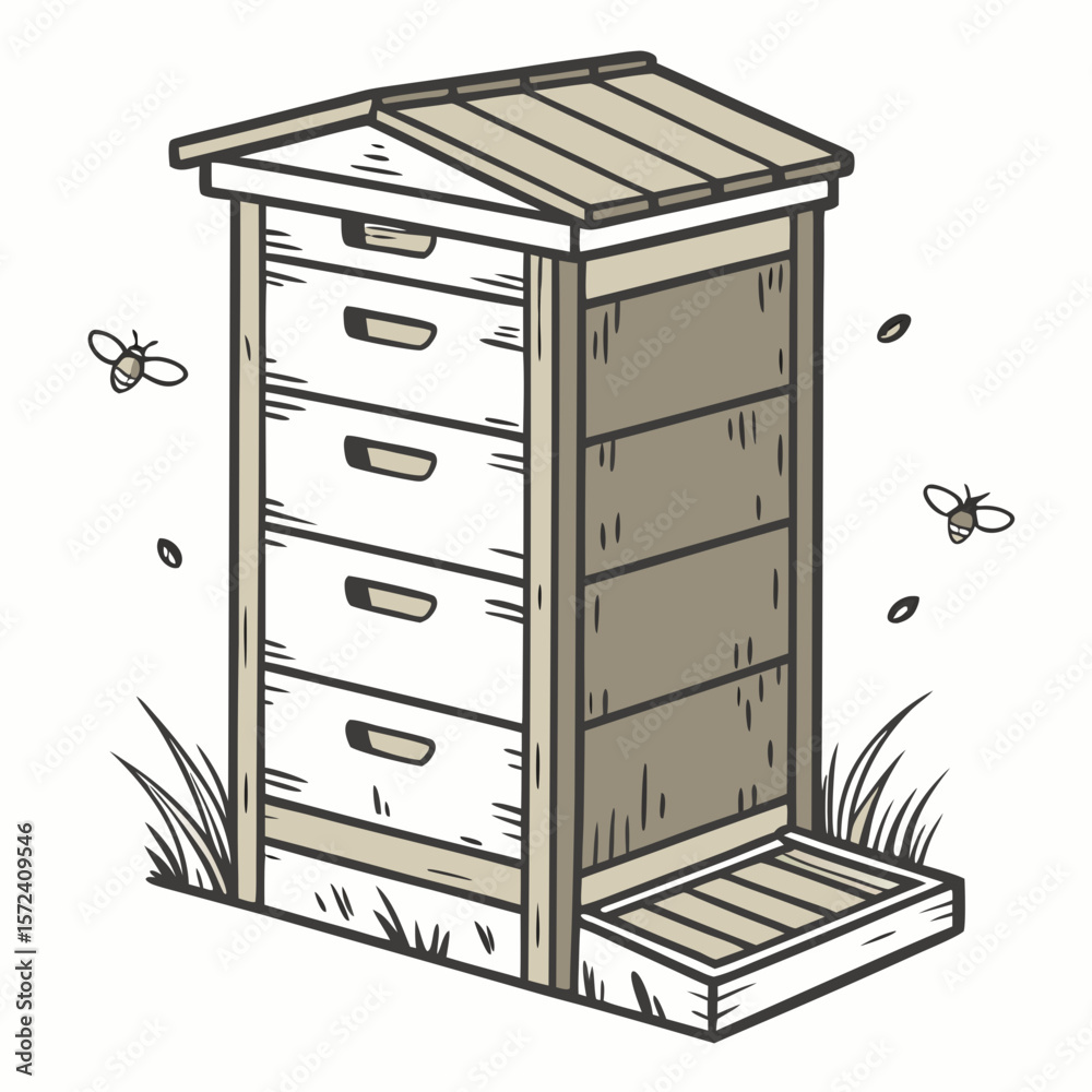 Beehive with bees and grass insects apiary Beehive with bees and grass insects apiary