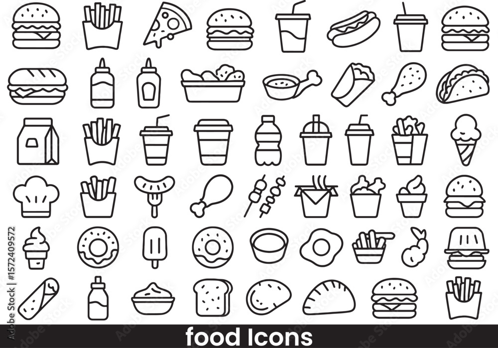 Fototapeta premium Collection of Fast Food, Snack, and Street Food Outline Icons