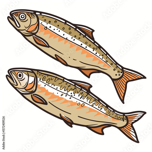 Two stylized trout fish seafood food