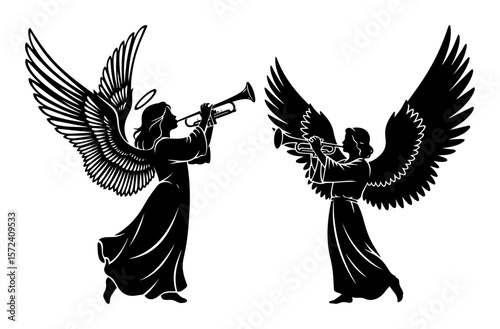 christmas angels playing trumpets silhouette vector set
