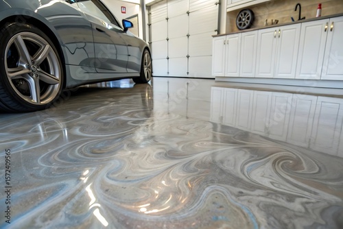 Beautiful Home Exterior Stunning Metallic Epoxy Garage Floor with Modern Car and Cabinets