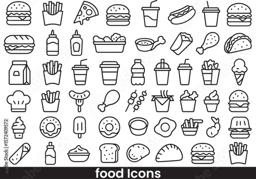 Collection of Fast Food, Snack, and Street Food Outline Icons