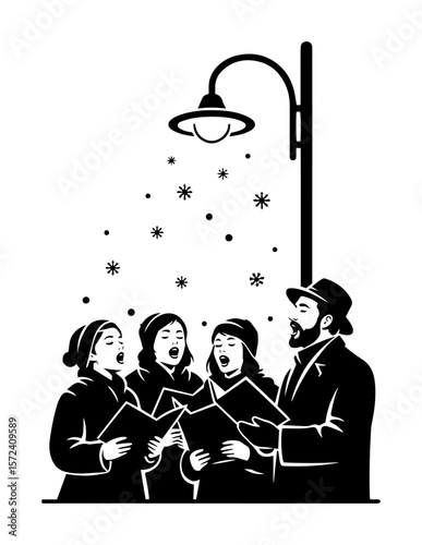 christmas carolers singing silhouette vector illustration