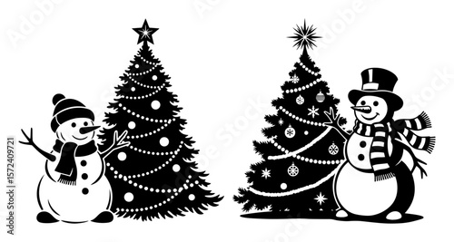 snowman with decorated christmas tree vector set