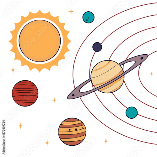 Sun and planets with orbits solar system saturn