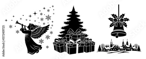 vintage christmas scene elements silhouette vector set