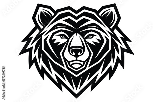 Fierce bear face roars with bold tribal lines in stark black and white