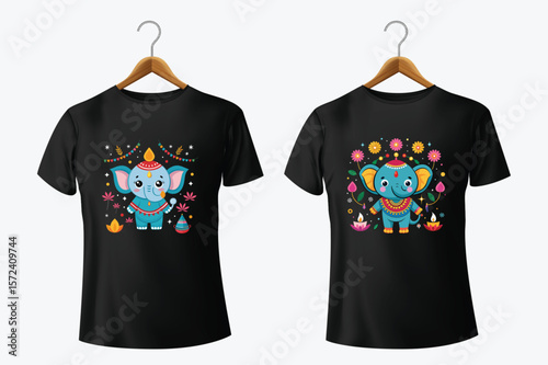 Blue elephant festive design black tshirts vector