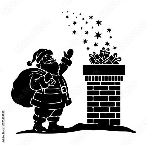 santa claus delivering gifts at chimney silhouette vector illustration