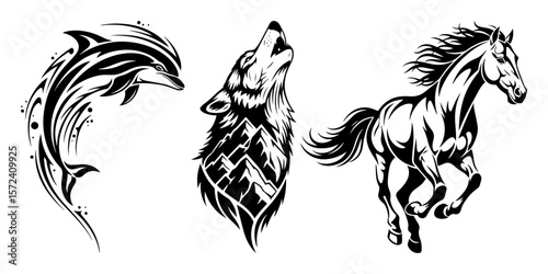 dolphin wolf horse animal tattoo design set vector