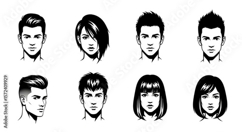 Variety of Male and Female Faces with Different Hairstyles - Black and White Vector Illustration for Barber Shop, Salon or Beauty Product Marketing
