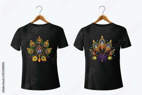 Black tshirts with colorful peacock feather designs