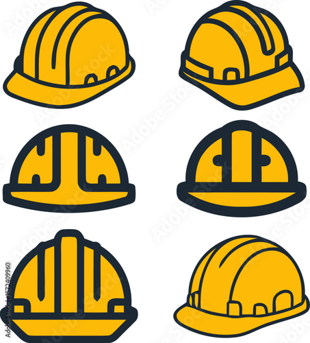 Construction Helmet Vector Set – Bold Yellow Illustrations of Safety Headgear for Industrial Graphics, Site Branding, and Protective Design Themes