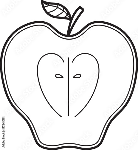 Line Art Cross-Section of a Single Apple with Leaf