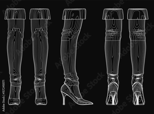 Pairs of women's thigh-high stockings and high heels are elegantly displayed on a black background. The stockings feature detailed sketches, while the sleek boots stand out prominently.