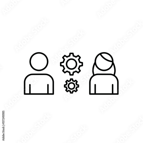Abstract representation of teamwork with gears and two individuals  