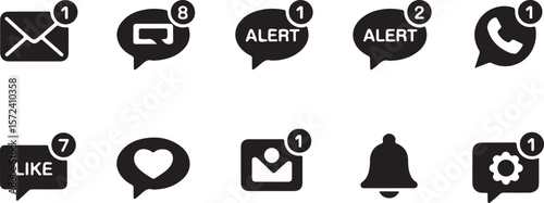 A set of simple, black and white notification icons representing various social media and messaging app alerts vector art on white