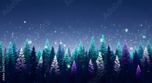 Colorful Snowy Pine Forest with Falling Snowflakes at Night