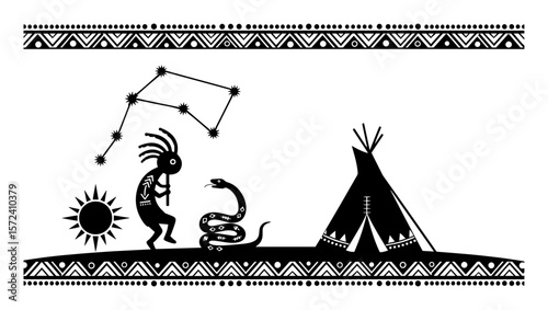 kokopelli shaman constellation snake tipi tribal vector illustration