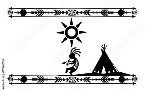 kokopelli teepee sun tribal border vector illustration