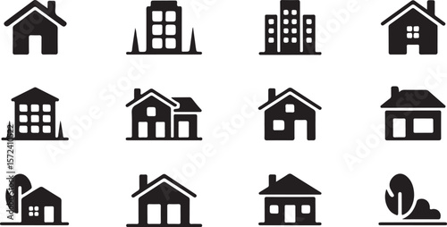 A collection of black silhouette icons depicting different types of buildings, including houses, apartments, and skyscrapers vector art on white