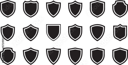 A set of various shield shapes, all filled with solid black color, with a white outline on white vector