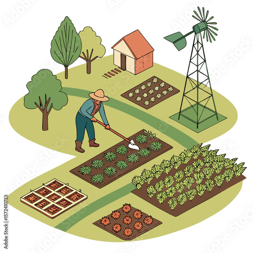 Farmer working in a field with crops and windmill farming