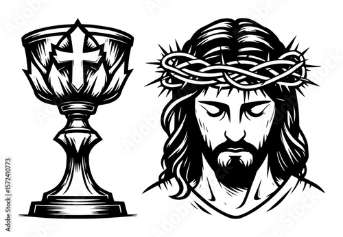 jesus christ head with crown of thorns and holy grail