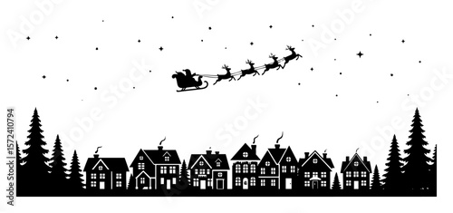 santa claus over christmas town silhouette banner