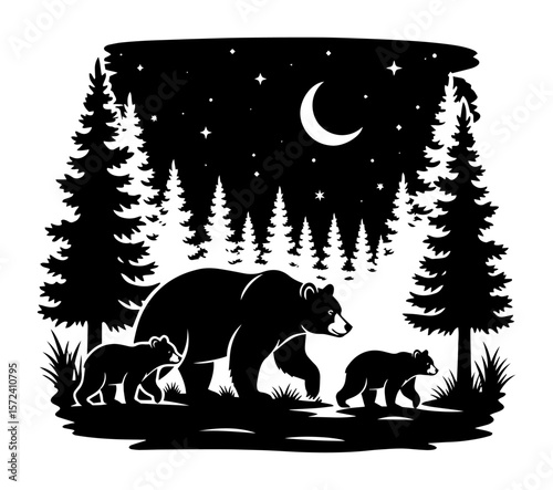 bear family in forest at night silhouette vector