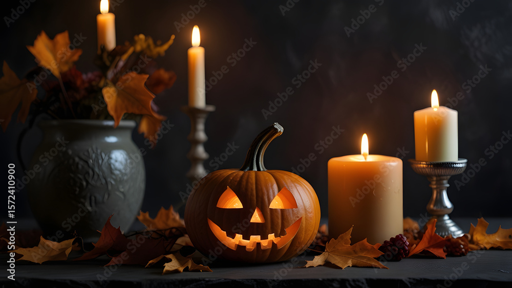 Obraz premium Calabaza de Halloween iluminada con velas y hojas otoñales
