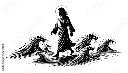 jesus christ walking on water sketch vector illustration